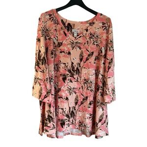 Denim & Co Pink Floral V-Neck 3/4 Sleeve Tunic Top Plus Size 3X Abstract Print